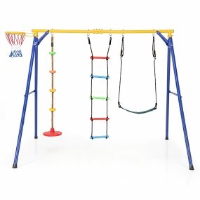 Juego de columpio 4 en 1 con baloncesto, escalera, disco, cuerda y asiento, metal, verde, 300 kg, 3-10 años, interior y exterior