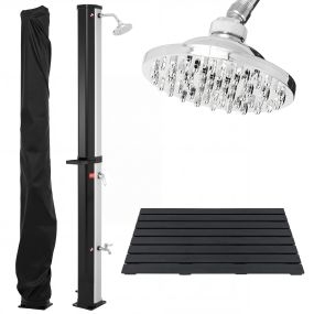 Set de ducha solar exterior 60L 194 cm con cabezal 360° y alfombra antideslizante WPC 100x60 cm plateado