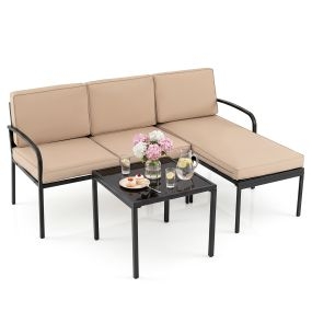 Conjunto de muebles de jardín 3 piezas sofá en L con 6 cojines mesa de centro caqui 172,5 x 113 x 80 cm