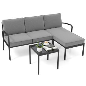 Conjunto de sofá seccional exterior 3 piezas con 6 cojines y mesa de centro gris 172,5 x 113 x 80 cm