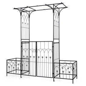 Pérgola de jardín 206 cm con 2 jardineras, puerta doble, techo plano, metal para plantas trepadoras