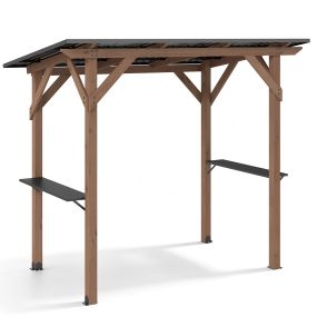 Cenador para barbacoa de madera de cedro con techo galvanizado, 2 estantes, 263 x 151 x 223 cm, marrón y negro
