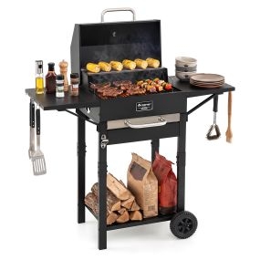 Barbacoa de carbón portátil con tapa, ruedas, 2 mesitas, doble rejilla, 6 ganchos y termómetro, 110 x 43,5 x 104,5 cm, negro plata