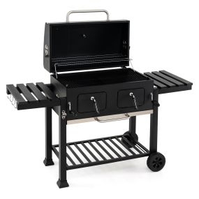 Barbacoa de carbón portátil con tapa, 2 mesitas plegables, ventilación ajustable, funda, termómetro, ruedas, estante inferior, 8 ganchos, mangos y bandejas