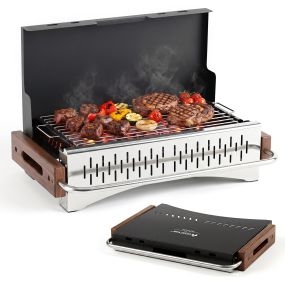 Barbacoa de carbón de mesa plegable portátil con ventilación 51 x 33,5 x 33,5 cm negro marrón plateado