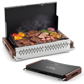 Barbacoa de carbón portátil de mesa plegable grande con rejilla ajustable negro marrón plateado