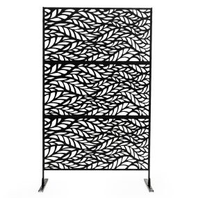 Pantalla de privacidad exterior de metal galvanizado con motivo de hojas, soporte independiente, 123 x 45 x 198,5 cm, negro