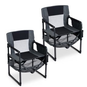 Set de 2 sillas de director plegables portátiles con portavasos y bolsillos negro y gris