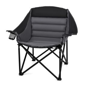 Silla plegable de camping negro y gris con relleno grueso, soporta 230 kg, portavasos y bolsillo lateral, 92 x 69 x 103,5 cm