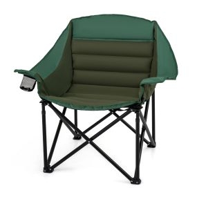 Silla plegable de camping verde oscuro con relleno grueso, soporta 230 kg, portavasos y bolsillo lateral, 92 x 69 x 103,5 cm