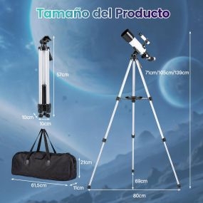 Telescopio Astronómico Refractor Objetivo 70mm Multiplicidad Ajustable con Trípode Soporte Móvil y Bolsa de Transporte Resistente Blanco