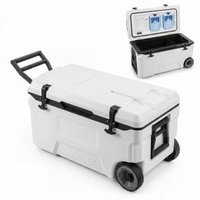 Nevera portátil con ruedas 50L HDPE PP blanca para playa y camping con asas portavasos y cierres de seguridad