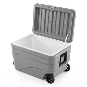Nevera portátil rígida 80L con ruedas, mango plegable, 2 asas laterales y drenaje gris