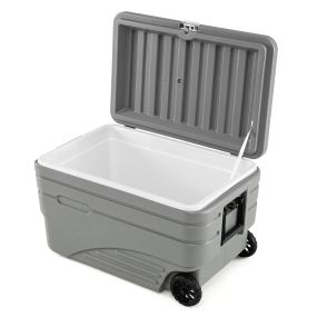 Nevera portátil rígida 98L con ruedas, mango plegable, 2 asas laterales y drenaje, gris