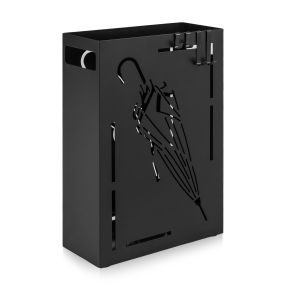 Paragüero rectangular de acero negro con bandeja extraíble y 4 ganchos 41 x 28 x 12 cm