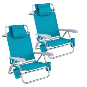 Silla de playa set de 2 con respaldo regulable 7 posiciones, 150 kg, portavasos y cojín 69 x 60 x 79 cm verde turquesa