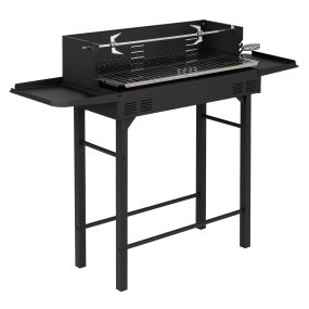 Barbacoa de carbón de acero con parrilla regulable y bandejas laterales negro 120 x 325 x 90 cm