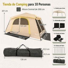Tienda de campaña familiar impermeable para 10 personas con mallas transpirable caqui 399 x 267 x 201 cm