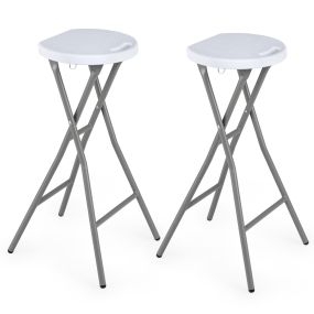 Juego de 2 taburetes plegables de metal con asiento HDPE, 150 kg, 30 x 26,5 x 70 cm, blanco