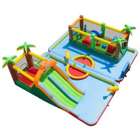 Castillo inflable tigre multifuncional con tobogán, piscina y canasta para 4 niños, multicolor