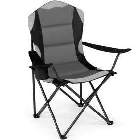 Silla de camping plegable con respaldo alto, asiento acolchado, reposabrazos y portavasos, negro