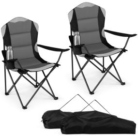 Juego de 2 sillas de camping plegables con respaldo alto, asiento acolchado, reposabrazos y portavasos, negro