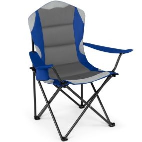 Silla de camping plegable con respaldo alto, asiento acolchado, reposabrazos y portavasos azul