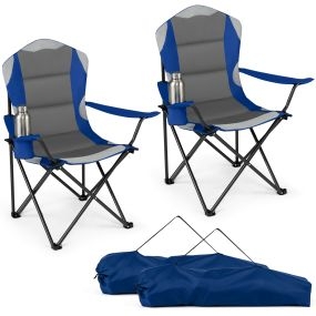 Juego de 2 sillas de camping plegables con respaldo alto, asiento acolchado, reposabrazos y portavasos, azul