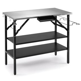 Mesa plegable de camping con dos estantes y encimera de acero inoxidable 109 x 55 x 83 cm negro y plateado