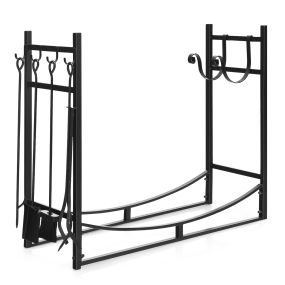 Estante para leña metálico 80 kg con juego de herramientas y ganchos 85 x 33 x 77 cm negro