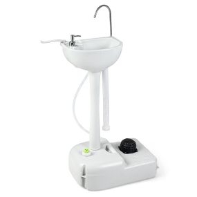 Lavamanos portátil con bomba de pedal, tanque 17 L, ruedas, 50 x 34 x 102 cm, blanco