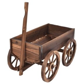 Carretilla de jardín de madera marrón con ruedas para macetas 120 x 43 x 53,5 cm
