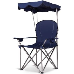 Silla de camping plegable con toldo, portavasos, 120 kg, 53,5 x 53,5 x 130 cm, azul