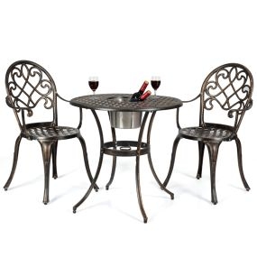 Juego de Mesa y 2 Sillas de Bistró 3 Piezas de Aluminio Fundido para Exterior con Cubeta de Hielo Removible Resistente Bronce