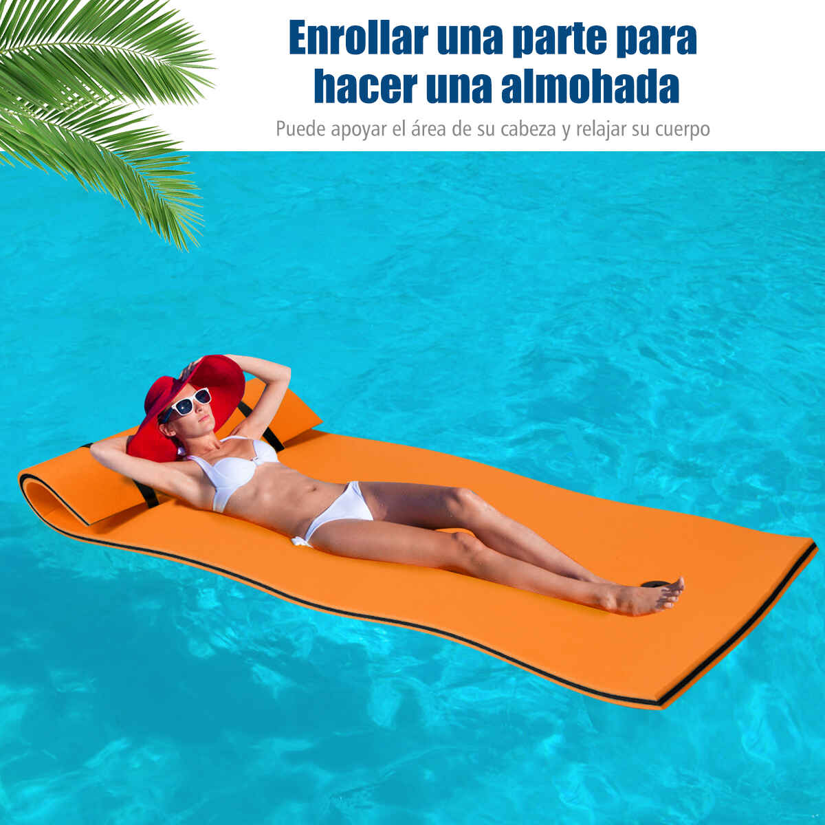 Colchoneta flotante de espuma Isla Oasis enrollable con cojín para cabeza naranja