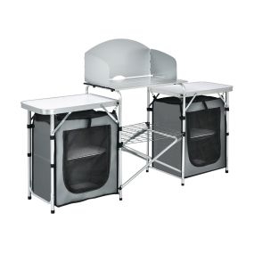 Mesa de camping plegable con estación de cocina portátil, parabrisas trilateral, estante de malla y puerta