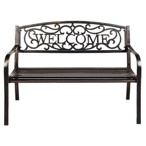 Banco de Jardín Asiento de Exterior Estructura de Metal con Letrero WELCOME para Terraza Patio Balcón Bronce 127 x 63,5 x 89 cm