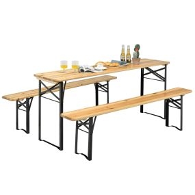Juego de Mesa y Banco de Picnic de 3 Piezas Mesa de Cerveza Plegable con 2 Asientos Marco de Acero para Patio Terraza al Aire Libre Natural