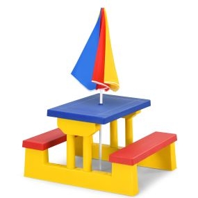 Mesa y Banco Silla de Exterior con Paraguas Sombrilla para Niños Set Mueble Infantil para Playa Patio Picnic Multicolor 67 x 41 x 47 cm