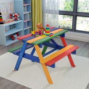 Equipo con Mesa Picnic de Madera y Sombrilla Plegable para Exterior Jardín Patio Multiuso
