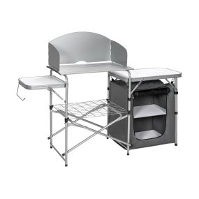 Mesa de camping plegable con almacenamiento y parabrisas gris