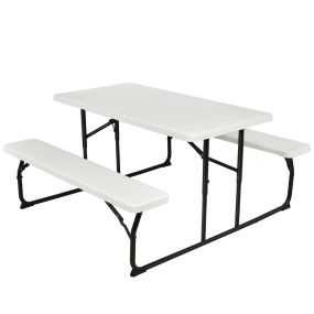 Conjunto de mesa y 2 bancos de picnic plegable rectangular portátil para camping y jardín blanco