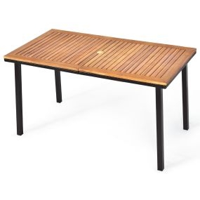Set de Mesa y Banco de Jardín de Madera de Acacia con Estructura de Acero y Hoyo para Sombrilla Exterior con 1 Silla