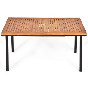 Mesa para Patio de Madera Acacia Estructura en Acero con Hoyo para Sombrilla Exterior Veranda Piscina Natural 140 x 75 x 76 cm