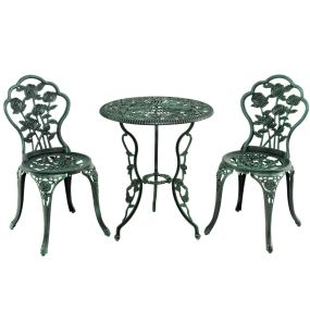 Mesa Redonda con Hoyo para Sombrilla y 2 Sillas de Jardín en Fundición y Aluminio