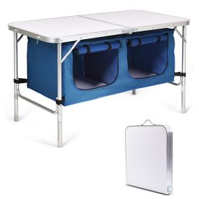 Mesa de camping con almacenamiento, marco de aluminio, puertas enrollables con cremalleras, 2 alturas ajustables, blanco y azul