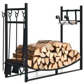Juego de 5 estantes para leña de chimenea con pala, atizador, pinzas y cepillo 91 x 33 x 76 cm