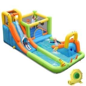 Parque acuático casa inflable con soplador, doble tobogán, canasta, anillos y pared de escalada 503 x 290 x 216 cm