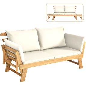 Sofá Cama Convertible de Patio Madera Acacia con Apoyabrazos Ajustable Cojines Almohadas 2 Plazas para Exterior 198 x 75 x 75 cm Blanco
