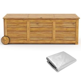 Caja de Almacenamiento de Madera Acacia Capacidad de 182 L con 2 Ruedas Asa Bolsa Interior Resistente al Agua Organizador para Jardín Patio